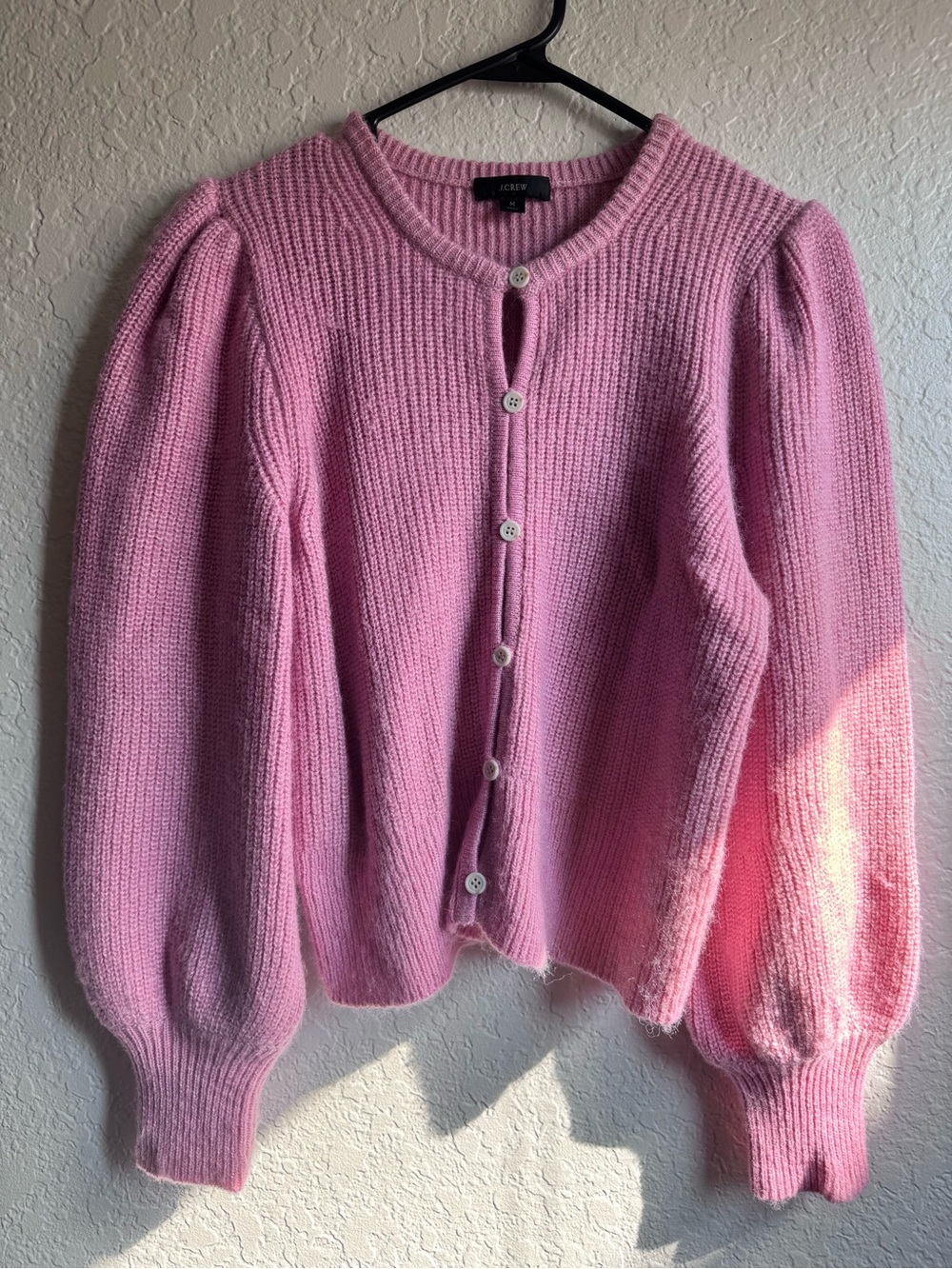 J.Crew Alpaca Merino Wool Pink Cardigan Sweater Size M Balloon Sleeve BB391